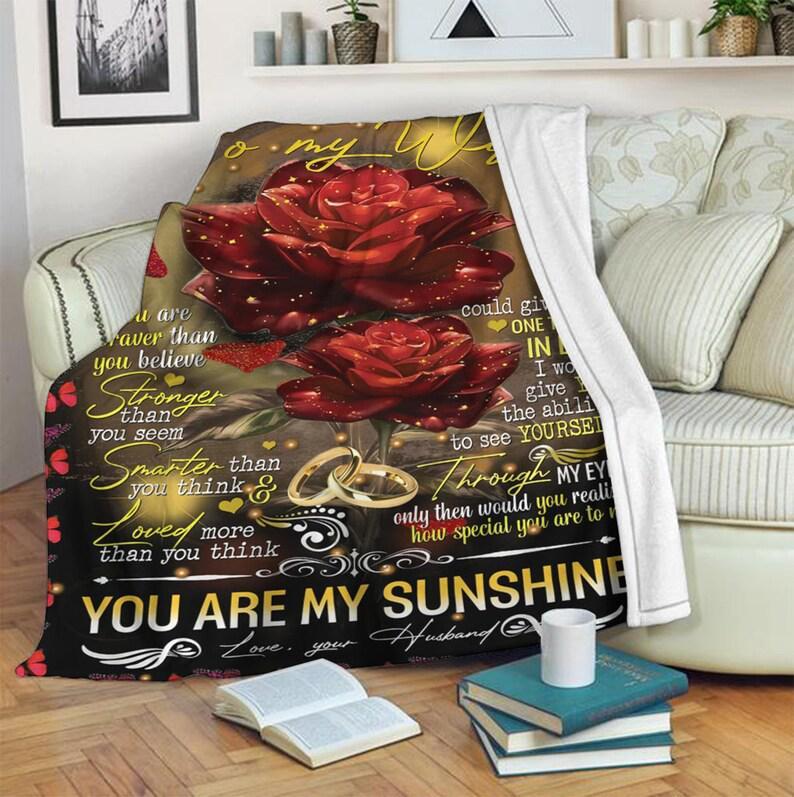 To My Wife You Are Braver Than You Believe Husband Roses Black Premium Fleece Blanket,Mink Blanket,Gift For Wife Family Home Decor Bedding Couch Sofa Soft And Comfy Cozy