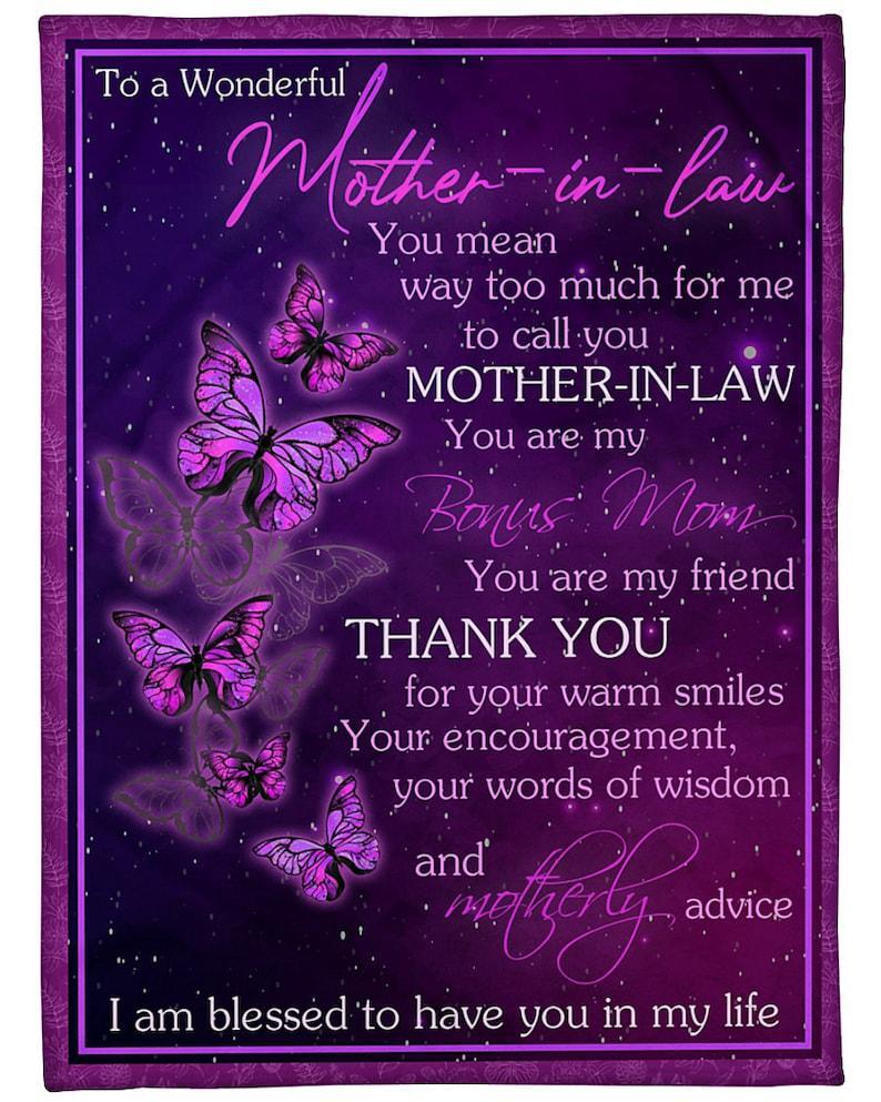 To My Mother-In-Law Thank You For Your Warm Smiles Fleece Blanket Animal Gift For Family,Birthday,Mother,Butterflies Lover Gift Home Decor Bedding Couch Sofa Soft And Comfy Cozy