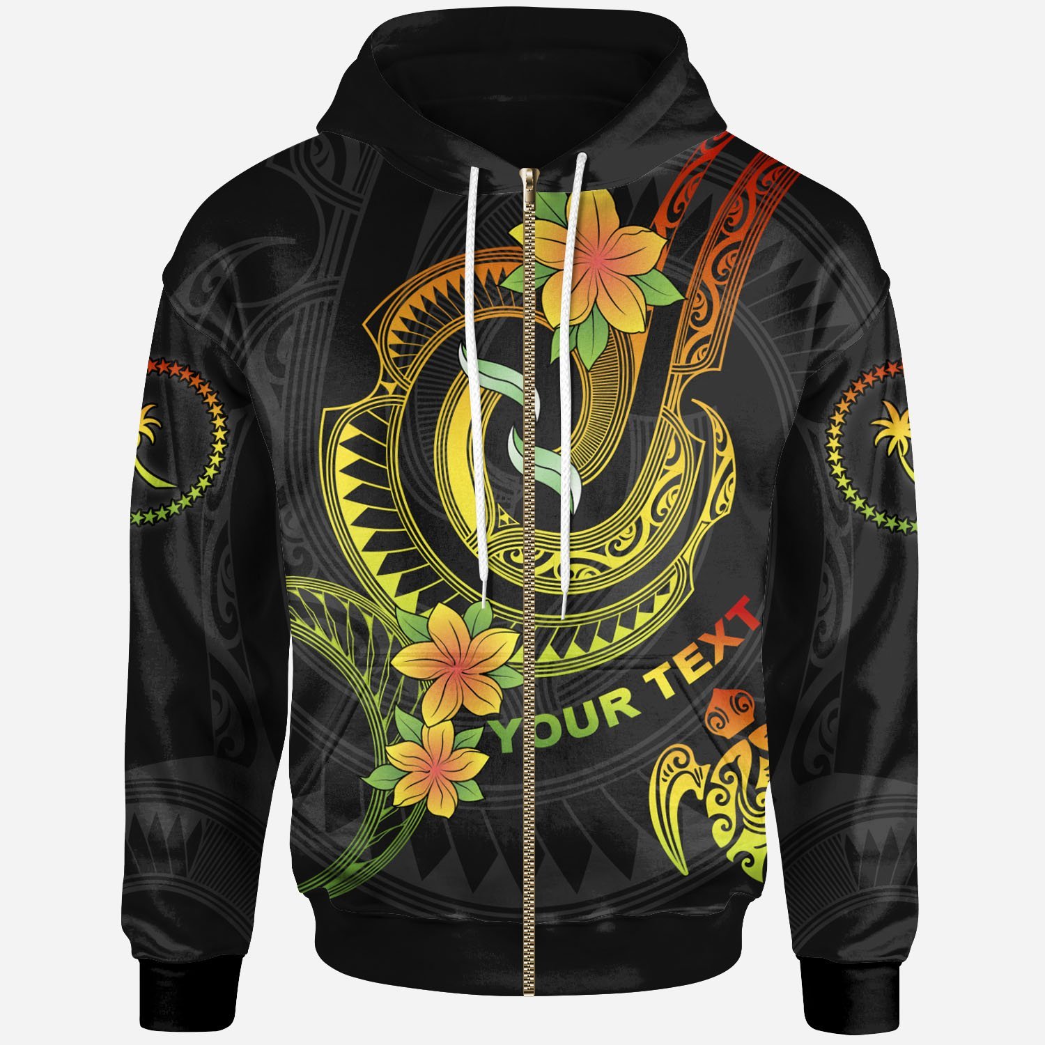 Chuuk Custom Personalised Zip-Up Hoodie – Reggae Plumeria Flowers with Spiral Patterns – BN26