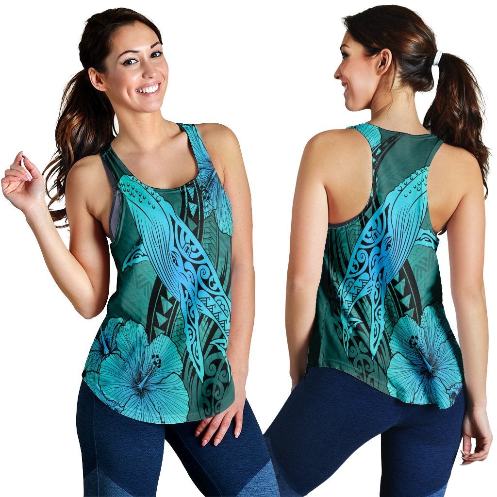 Hawaiian Map Whale Swim Hibiscus Polynesian Racerback Tank – Turquoise