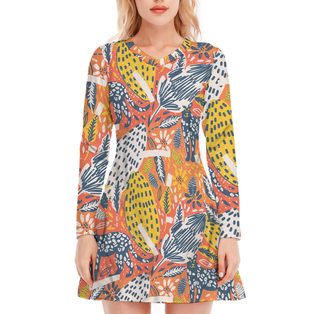 Tropical Leopard Pattern V-Neck Long Sleeve Dress