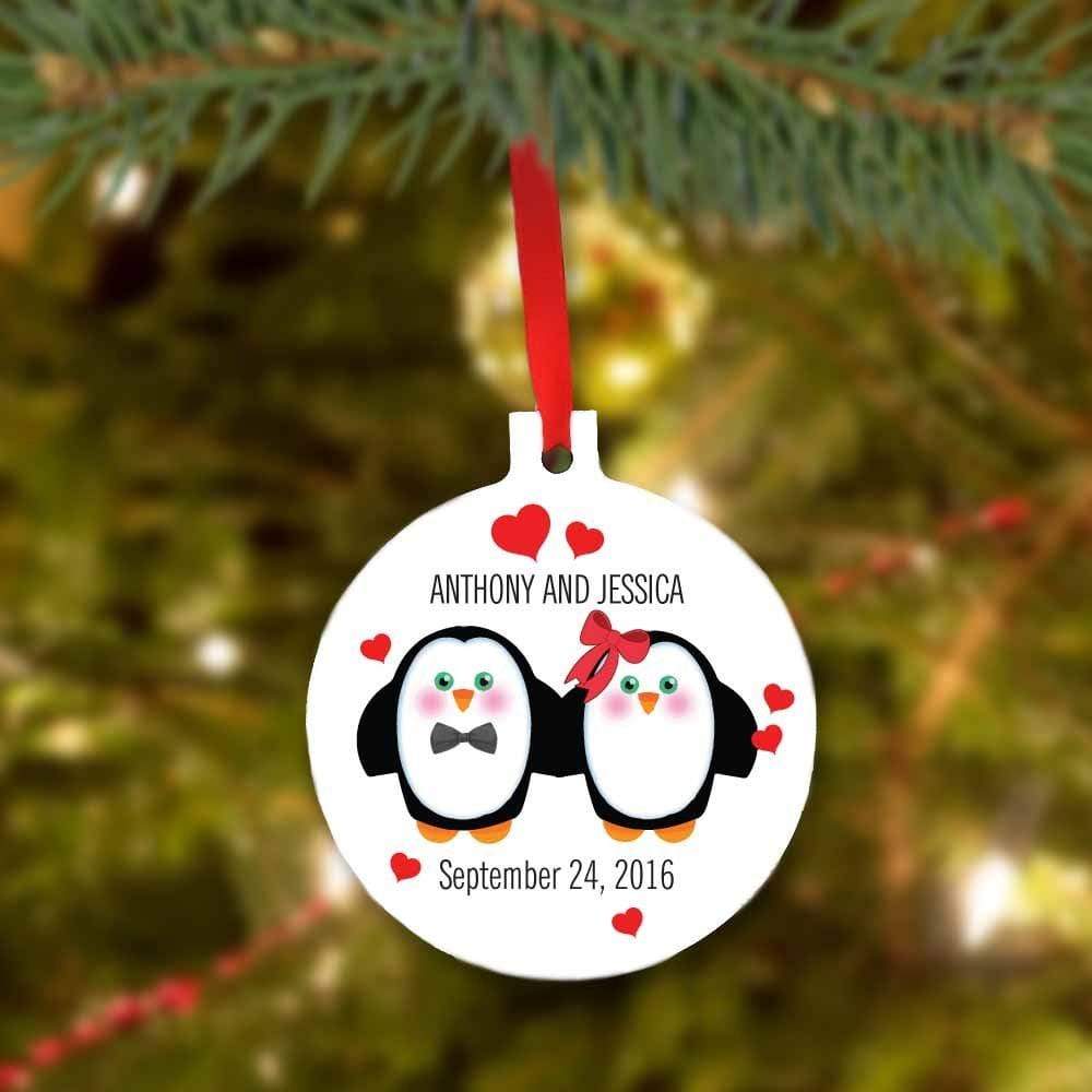 Penguin Couple Custom Christmas Ball Metal Ornament