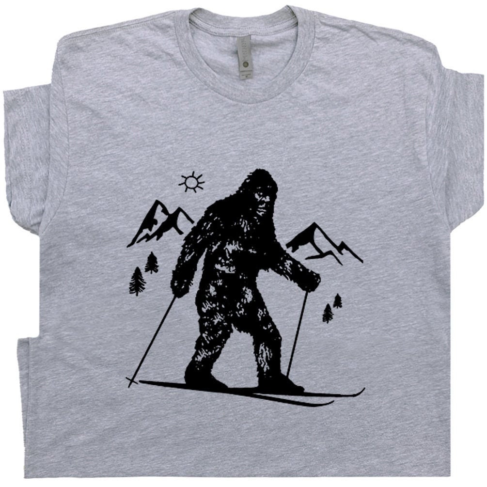 Bigfoot Skiing T Shirt Funny Skier T Shirt Cool Snow Skiing Tee Hilarious Yeti Vintage Graphic Tee Sasquatch Tshirt Mens Womens Kids Teen