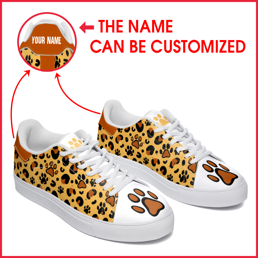 Dog Paw Print Shoes Pattern Leopard Leather Sneaker – Personalized Custom – Best Gift For Dog Mom