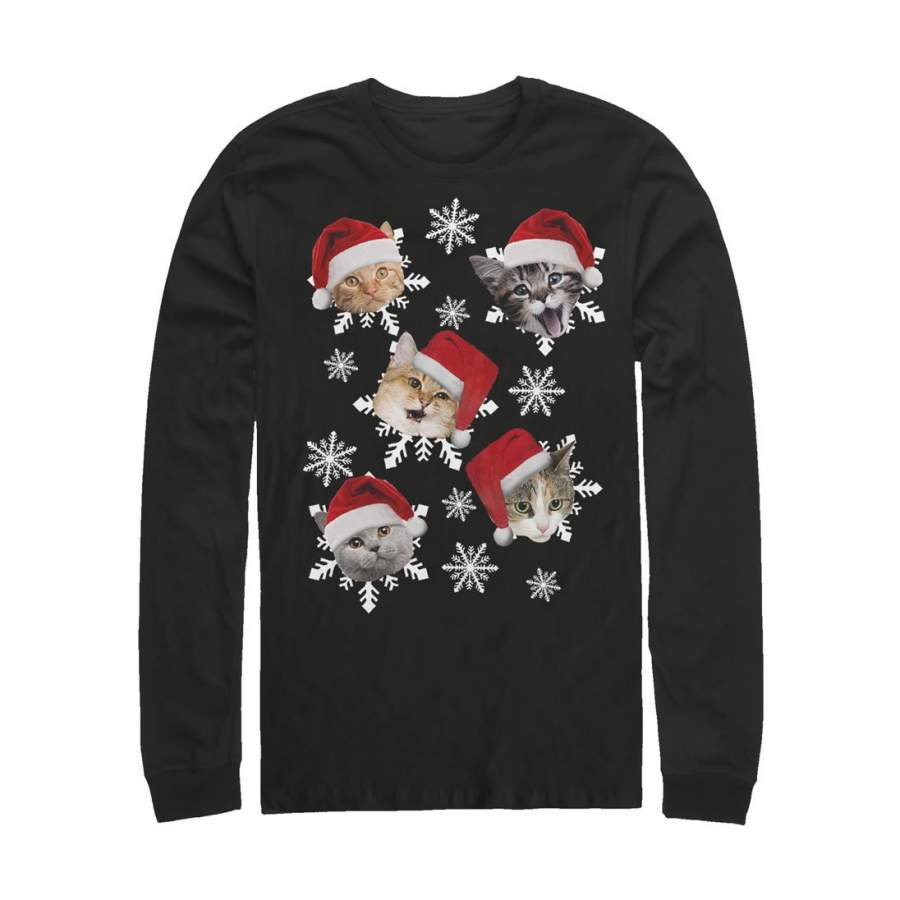 Lost Gods Men’s Ugly Christmas Cat Snowflakes  Long Sleeve Shirt Black