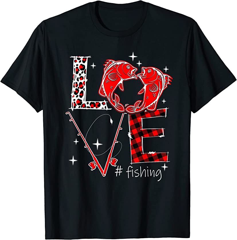 Red Plaid Leopard Love Fishing Hearts Valentine’s Day 2022 T-Shirt