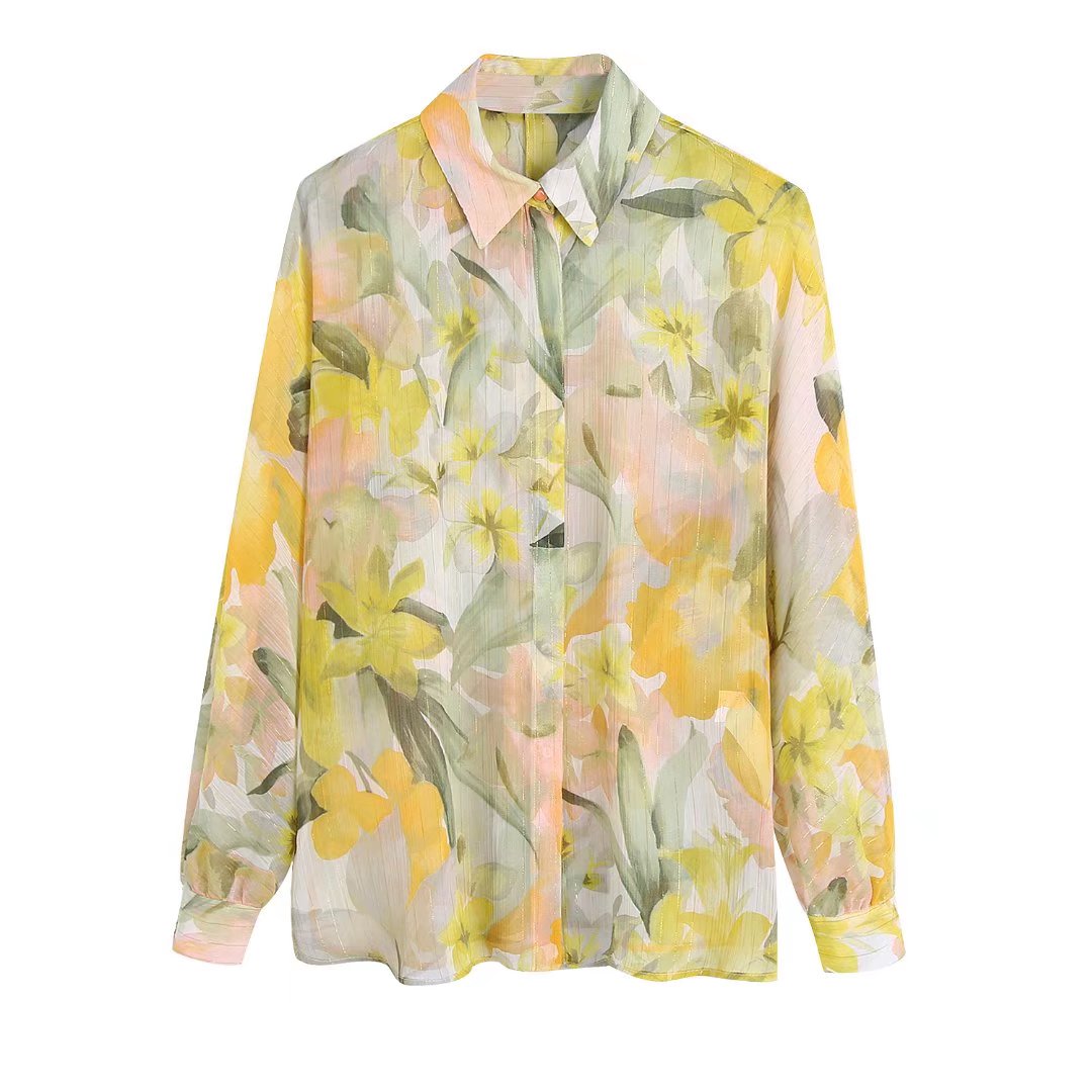 Zevity Women Fresh Floral Print Metal Line Chiffon Smock Blouse Female Long Sleeve Casual Buttons Shirts Chic Blusas Tops LS322 alx