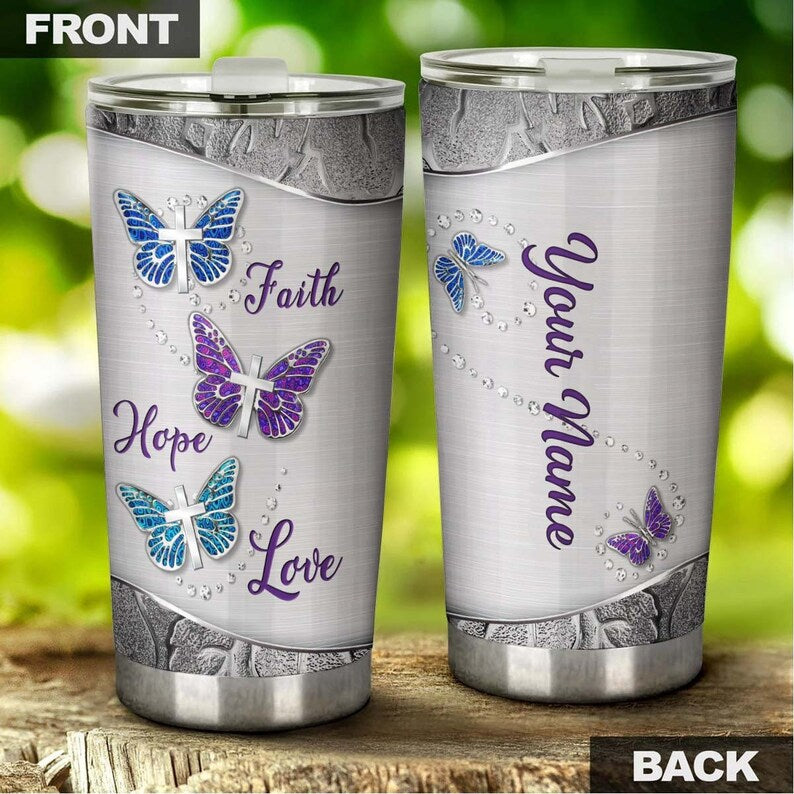 Butterfly Silver Style With Cross Personalized Tumbler-Birthday Gift Christmas Gift For Butterfly Lover For Her