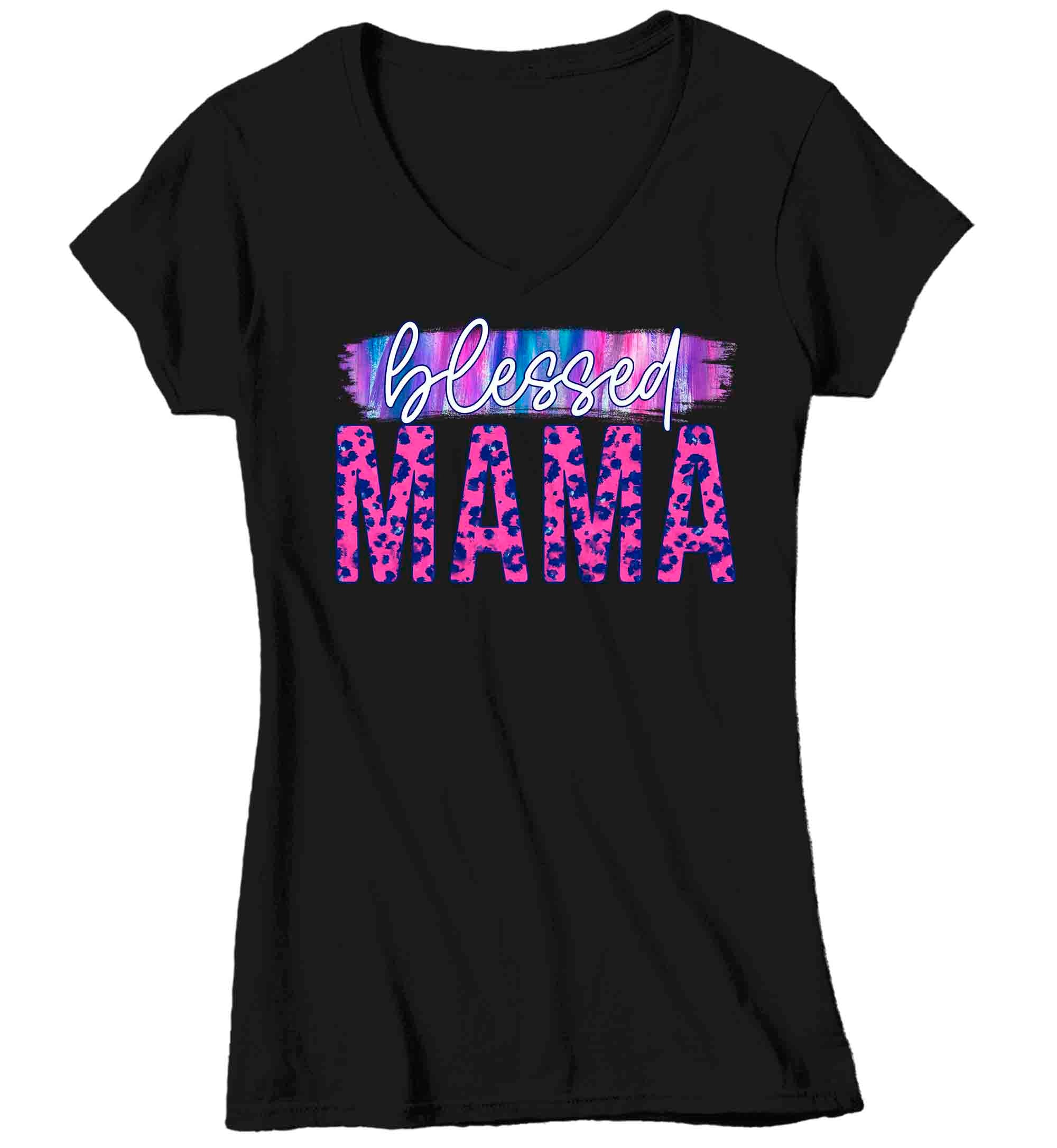 Women’S V-Neck Blessed Mama Shirt Mother’S Day Gift Shirt For Mom Floral Pink Leopard Tee Gift For Momma Tee Ladies V-Neck