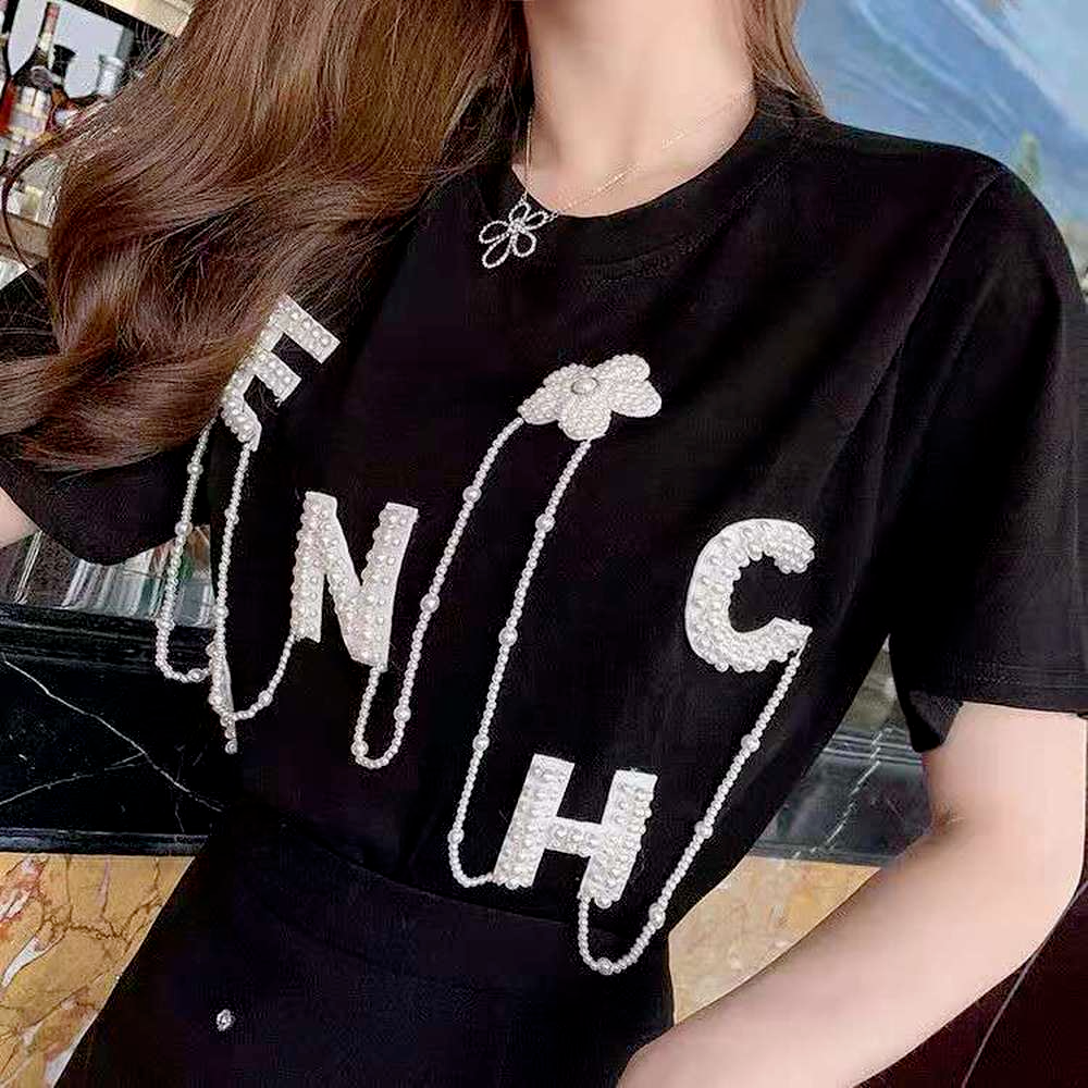 2022 New Fashion T Shirts for Women Cotton Tees Pearl Embroider Letter Summer Rhinestone Camisetas Mujer Short Sleeve T-shirts alx