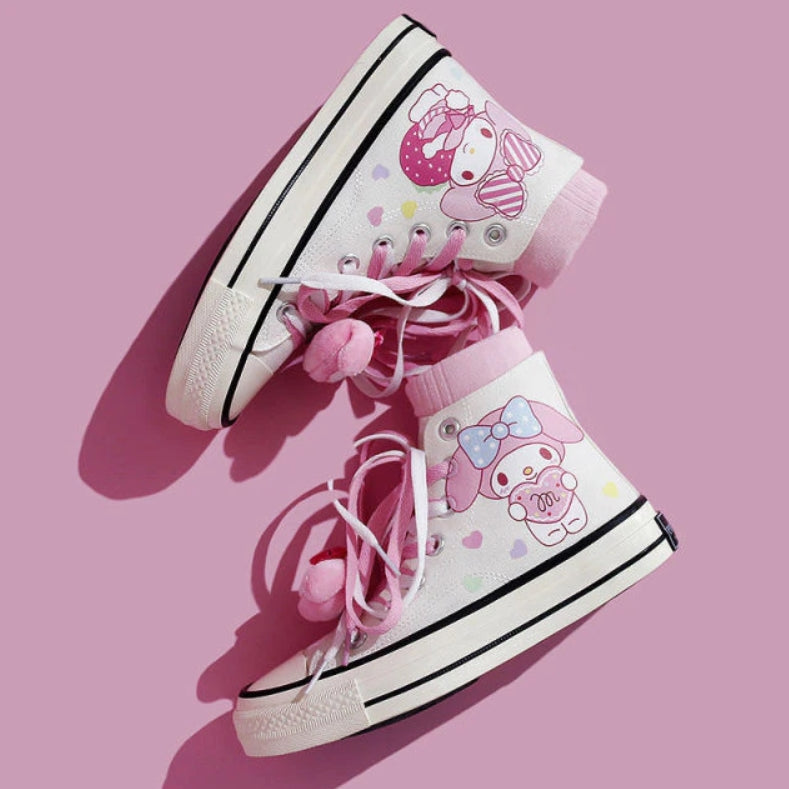 White Black Canvas Sneakers Pink Rabbit