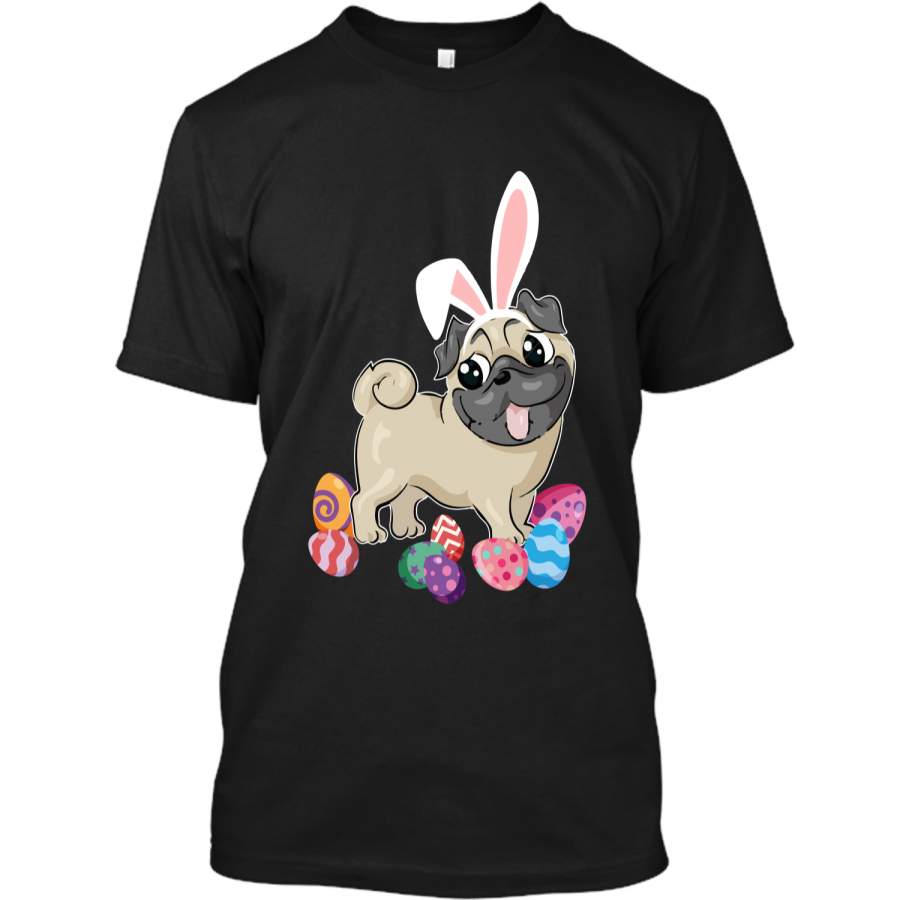 Cute Pug Dog With Bunny Hat Easter Eggs T-Shirt Happy Custom Ultra Cotton