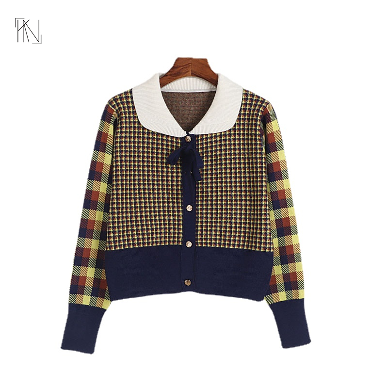 Bow Tie Color-blocked Plaid Long-sleeved Knitted Cardigan 2022 Autumn New Women French Doll Collar Single Breasted Slim Sweater alx