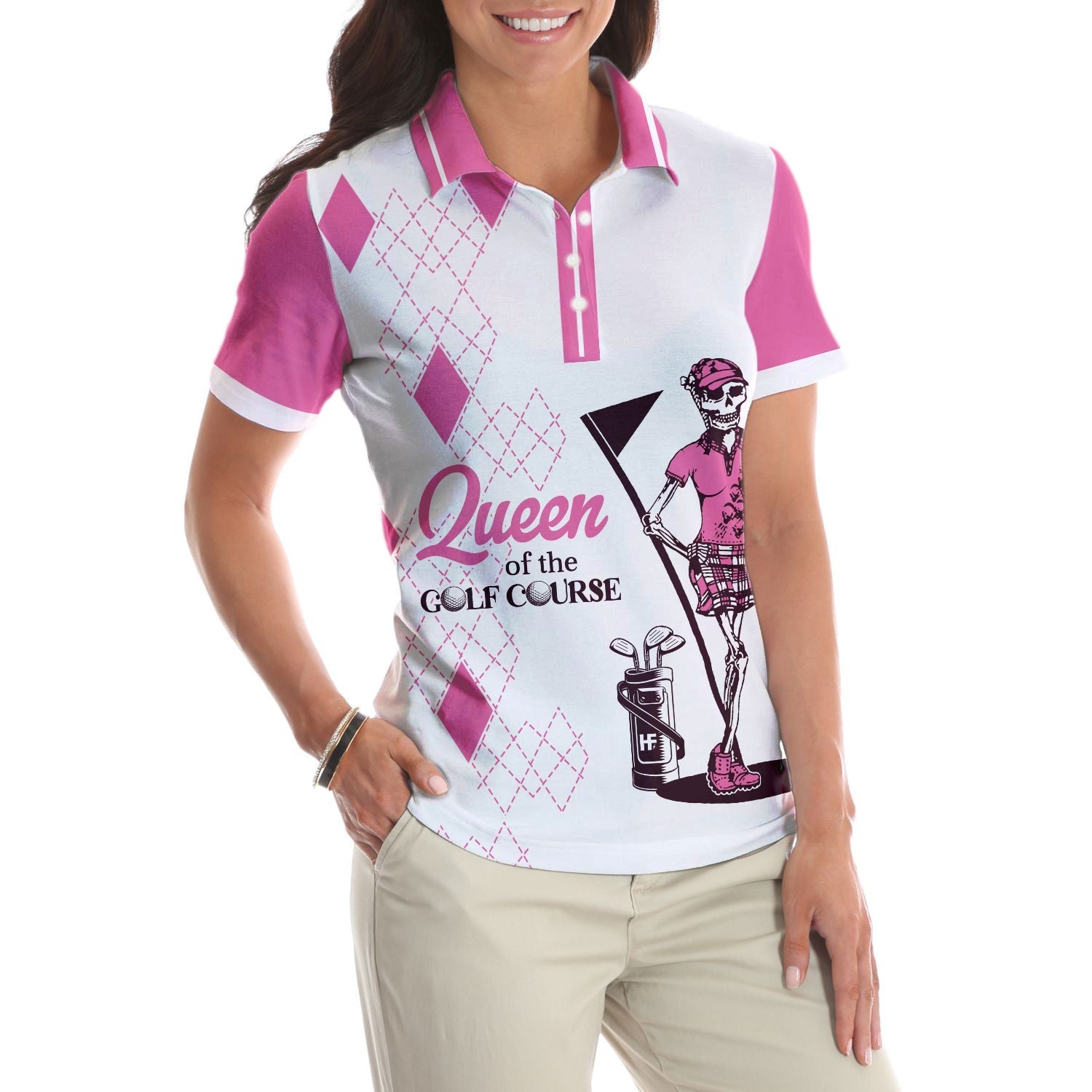 Queen Of The Golf Short Sleeve Women Polo Shirt, White And Pink Argyle Pattern Golf Shirt For Women Coolspod