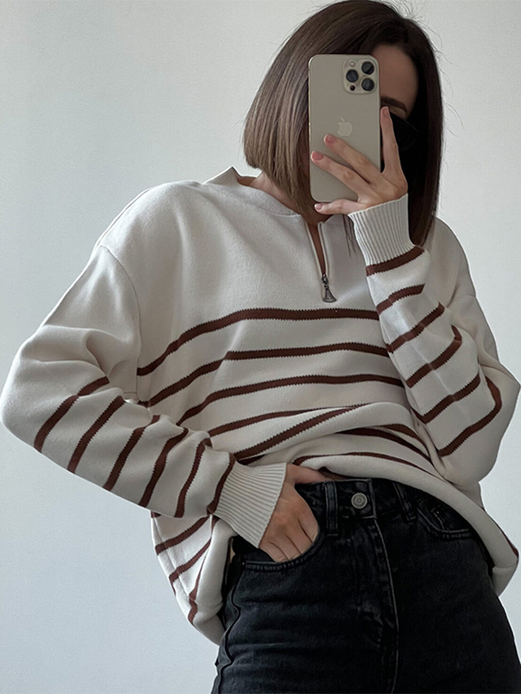 Zipper round neck striped sweater women’s autumn and winter loose and casual contrasting color striped long-sleeved sweater alx