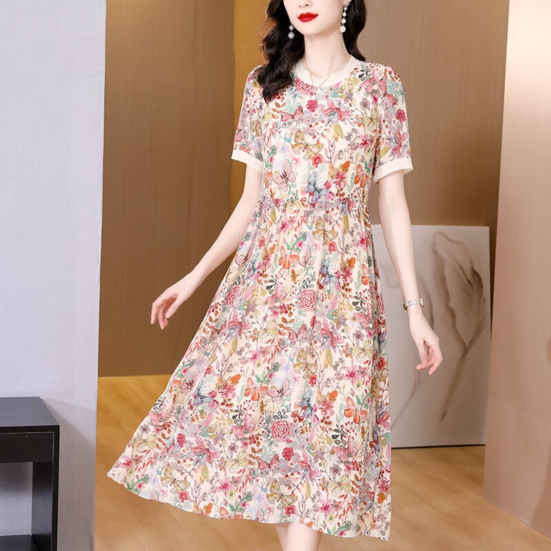 ZUOMAN Vintage 5XLSize Midi Dress Spring Summer Loose Floral Mulberry Silk Dress Women Elegant Bodycon Party Vestido alx