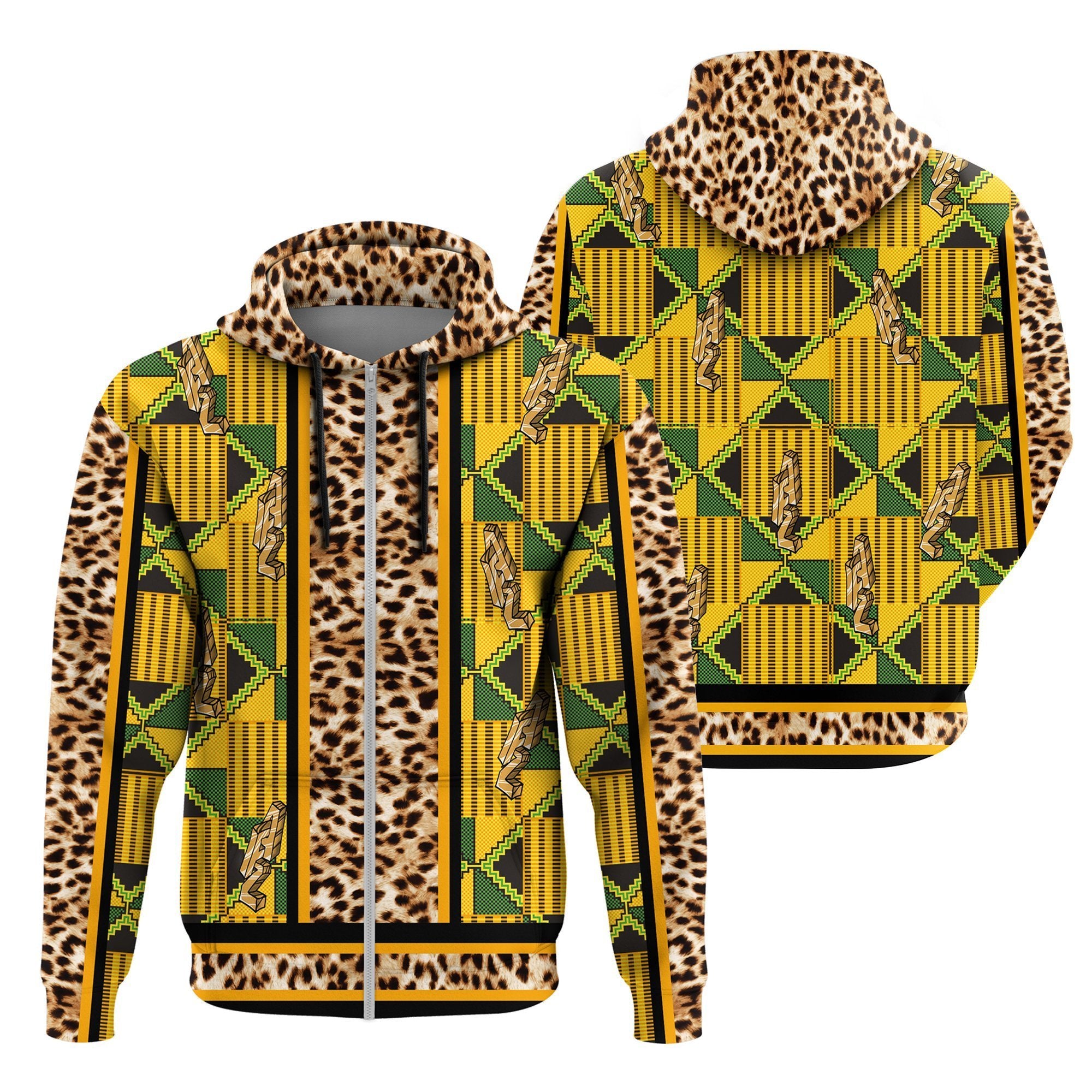 Greek Life Hoodie – Ghana Kente Leopard King Zip Hoodie