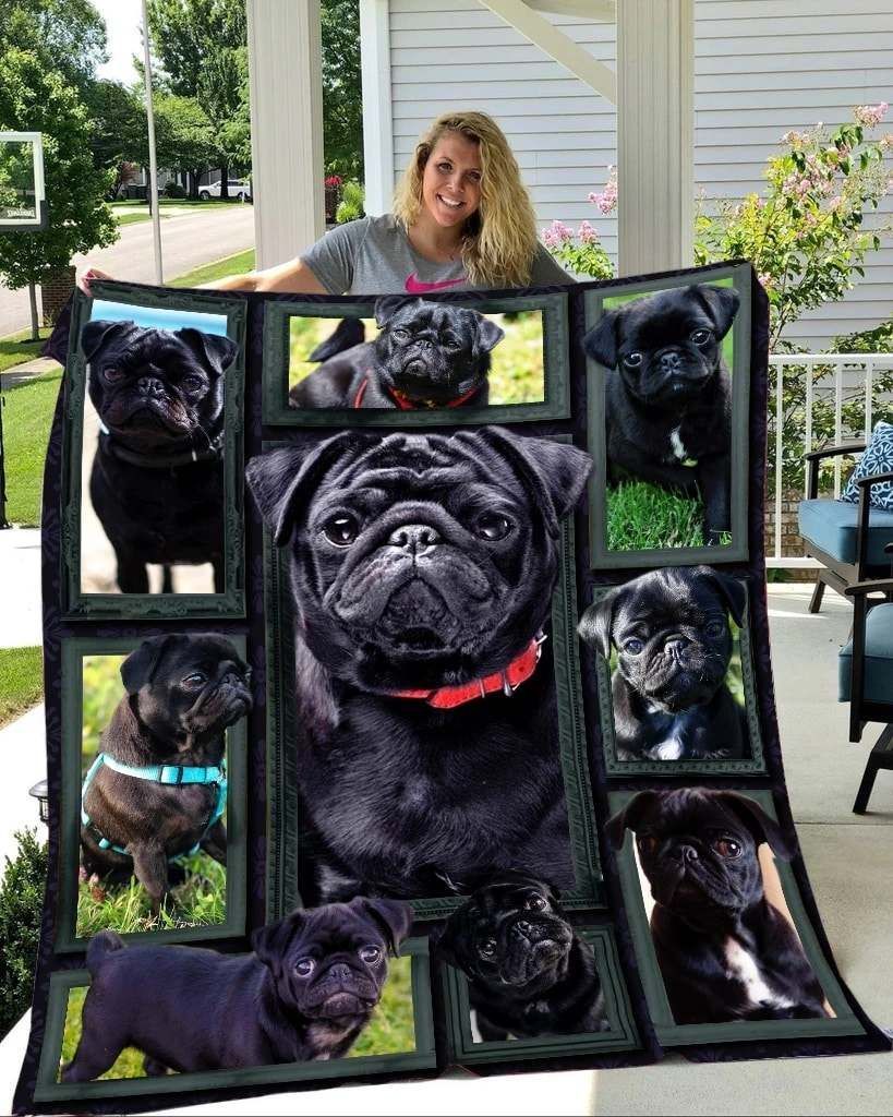 Black pug Puppy faces Quilt Blanket