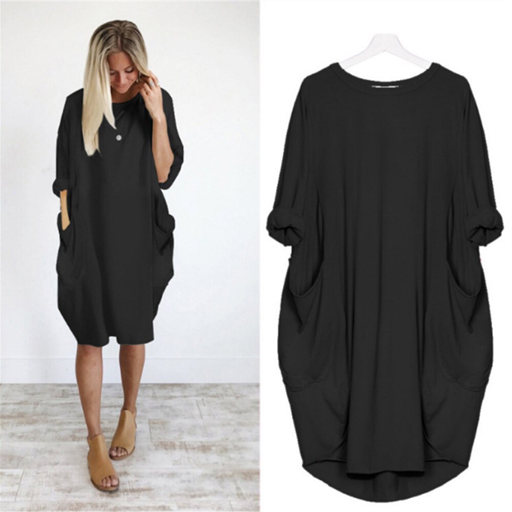 2020 Summer Dress Solid Casual Plus Size Pockets Women Dresses O Neck Long Sleeve Oversized Knee-Length Sundress Robe Femme alx