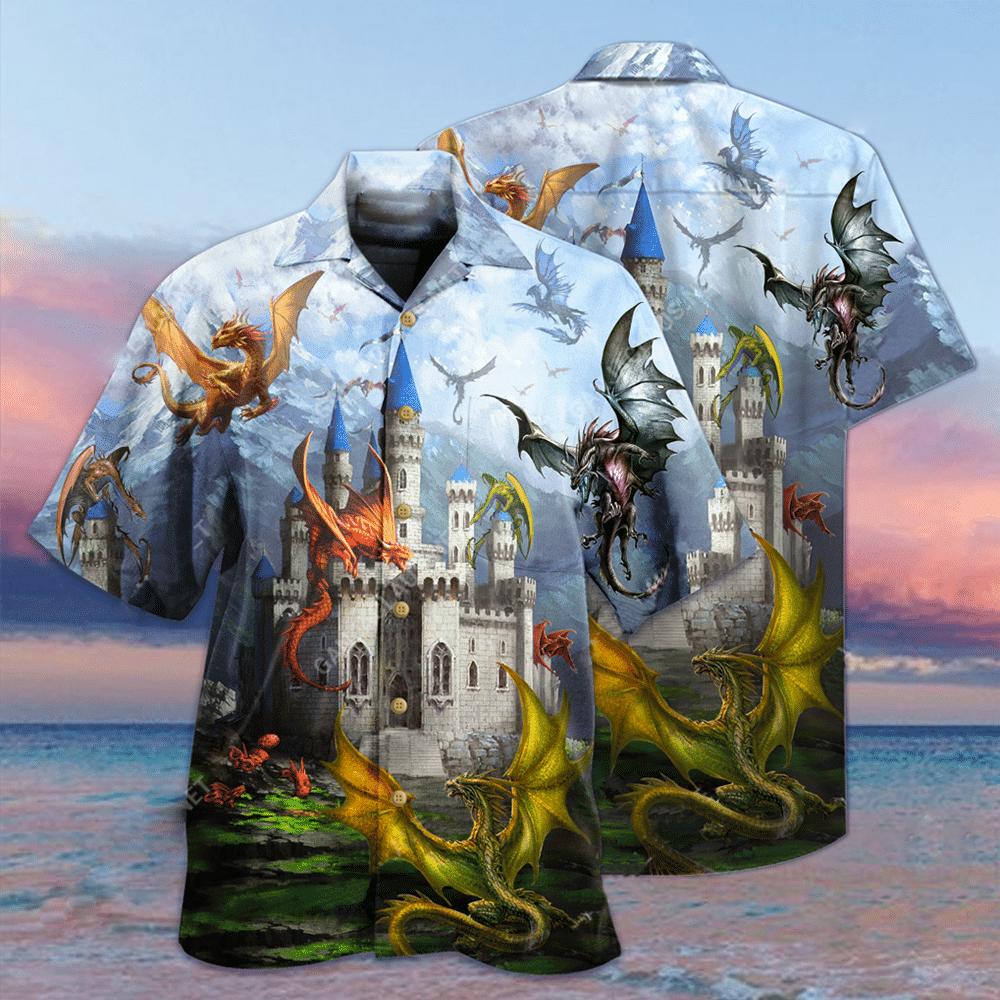 Shop Fantasy Dragons On The Castle Unisex Hawaii Shirt Ha108159