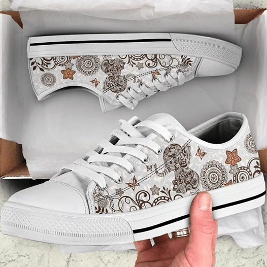 Baby Elephant Mandala Full White Shoes For Gift Birthday Fashion Canvas Low Top Shoes Tl97