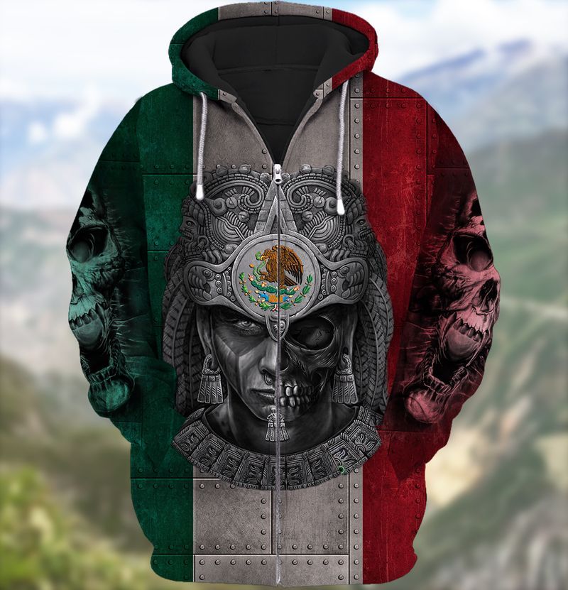 Aztec Warrior Face Mexican Flag Full Print 3D Zipper Hoodie