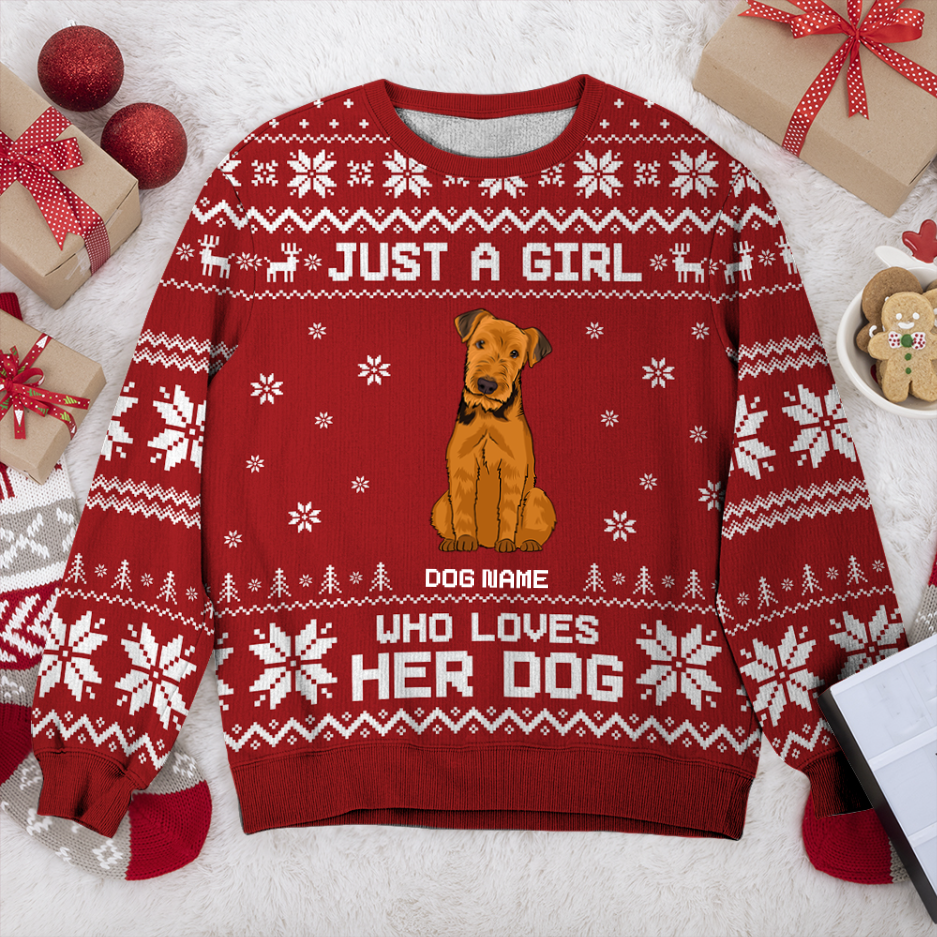 Airedale Terrier Just A Girl Personalized Sweater, Dog Ugly Christmas Sweater