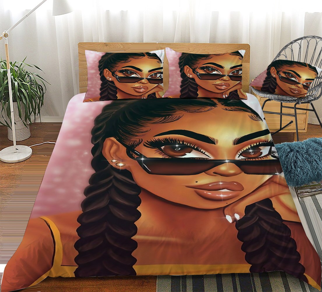 3D Printed African Beautiful Girl Bedding Set Beauty Duvet Covers With Pillowcases Cartoon Girls Bedclothes Custom Bed Linen