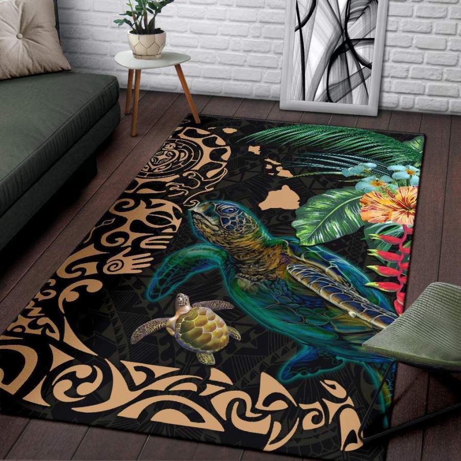 Hawaii Tiki Polynesian Area Rug – Turtle Mix Hibiscus Gold