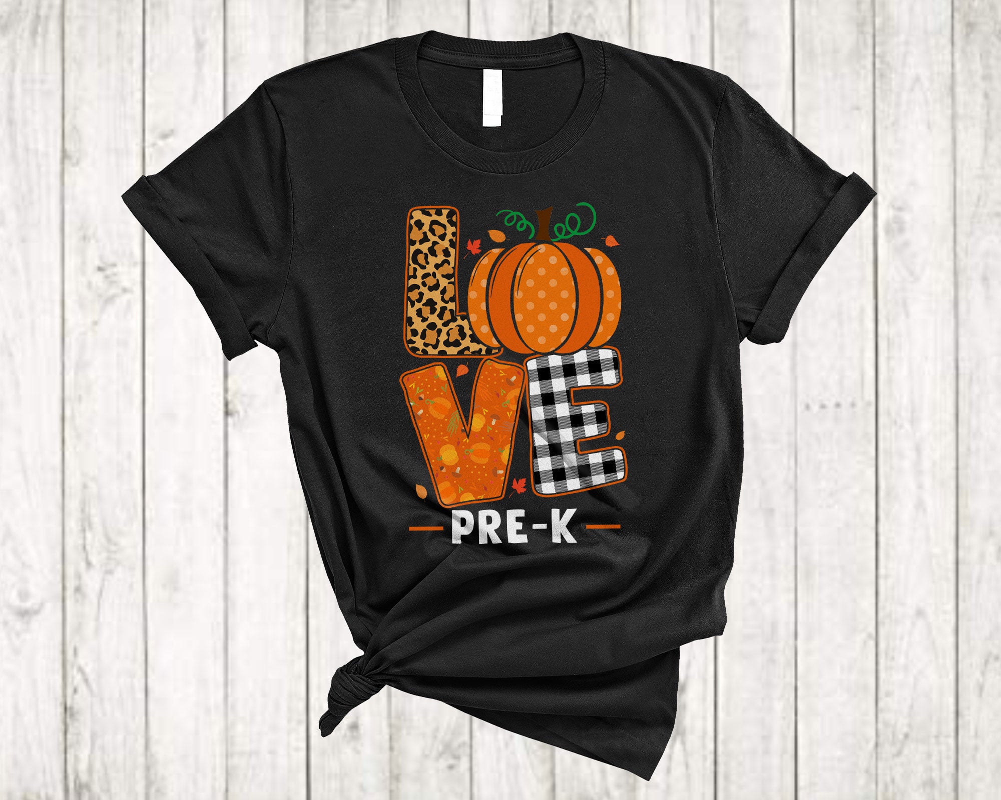 Thanksgiving Pumpkin Shirt Love Pre K Cute Thanksgiving Kids Teacher Pumpkin Leopard Plaid T-Shirt