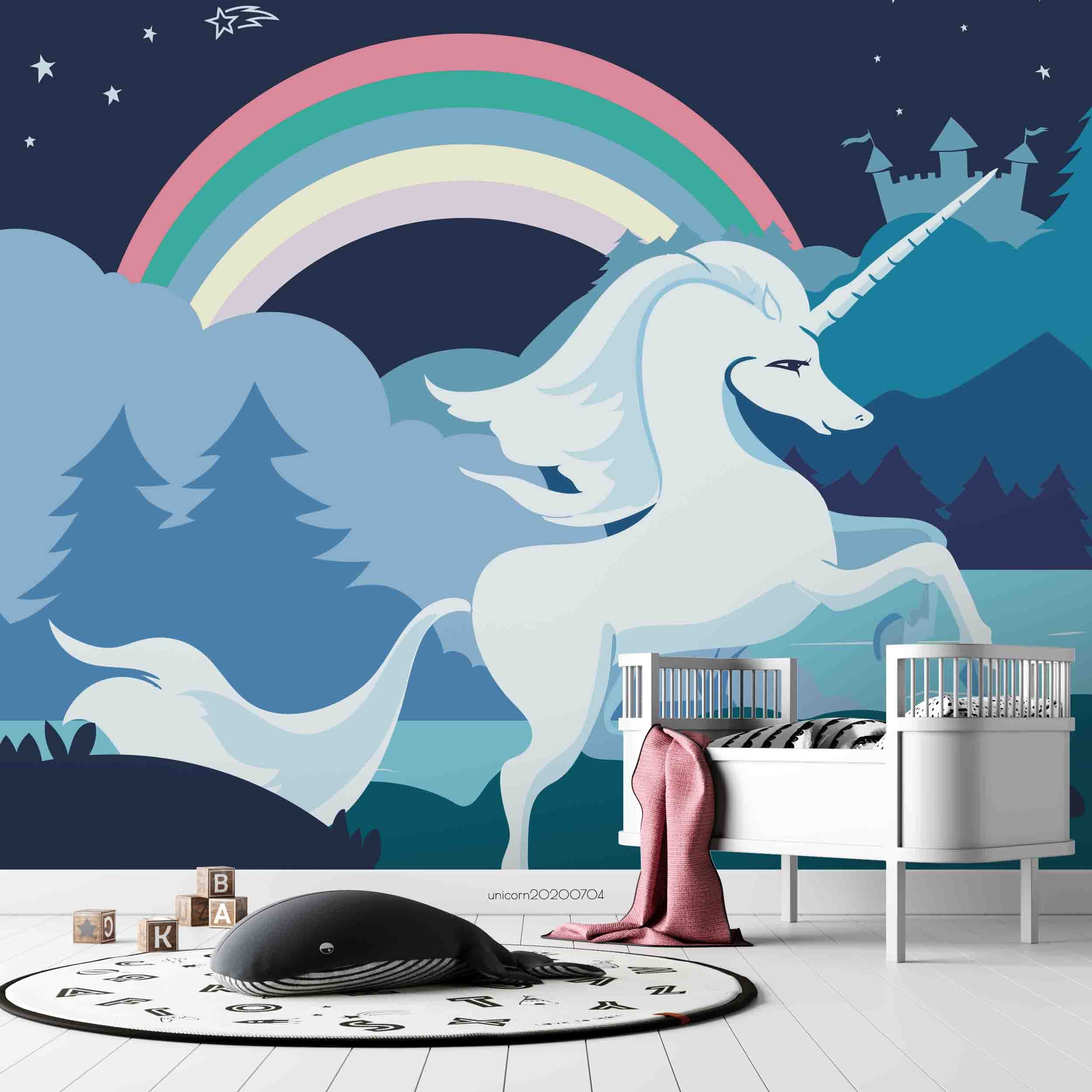 3D Cartoon Rainbow Blue Castle White Unicorn Wall Mural Wallpaper Lxl 181