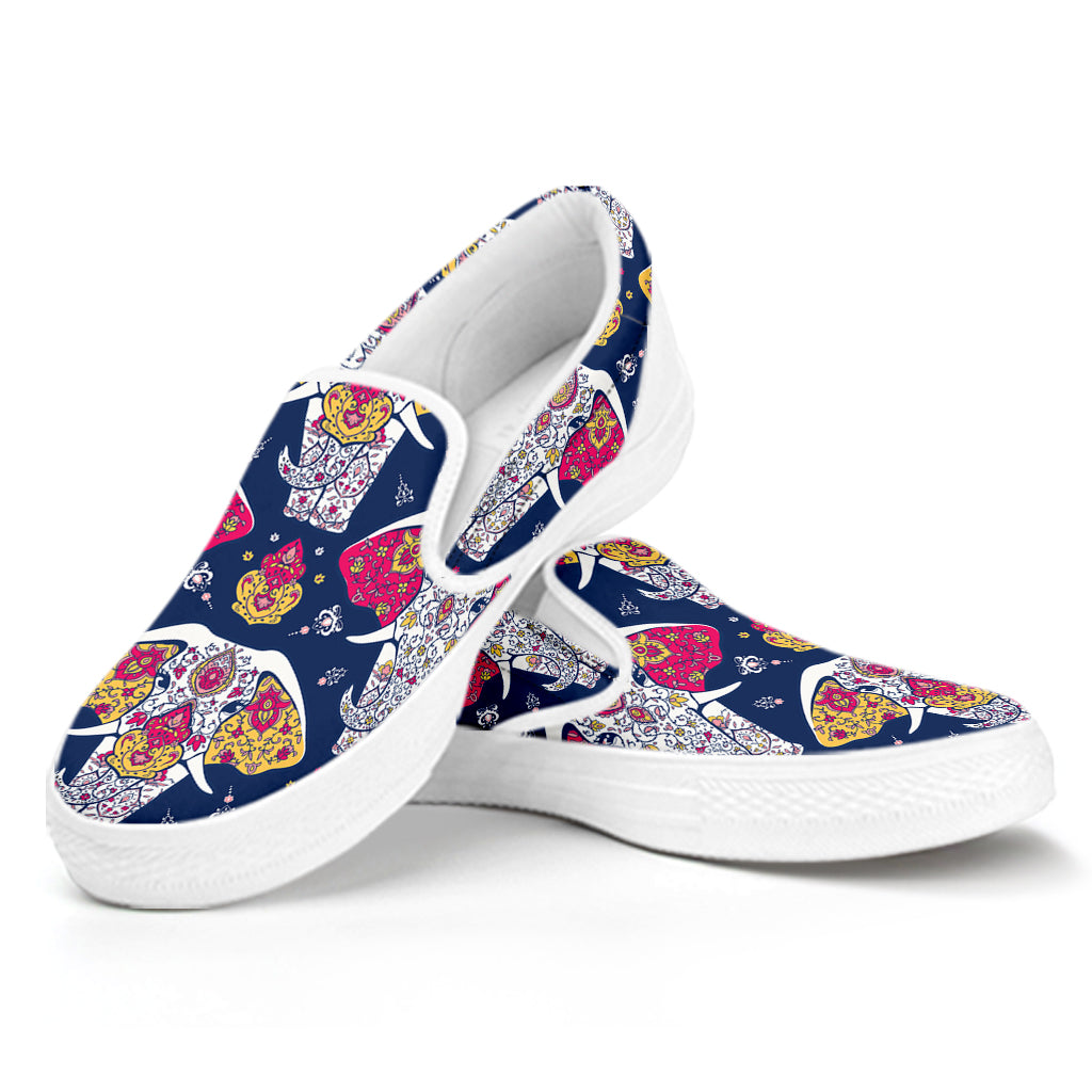 Indian Floral Elephant Pattern Print White Slip On Shoes