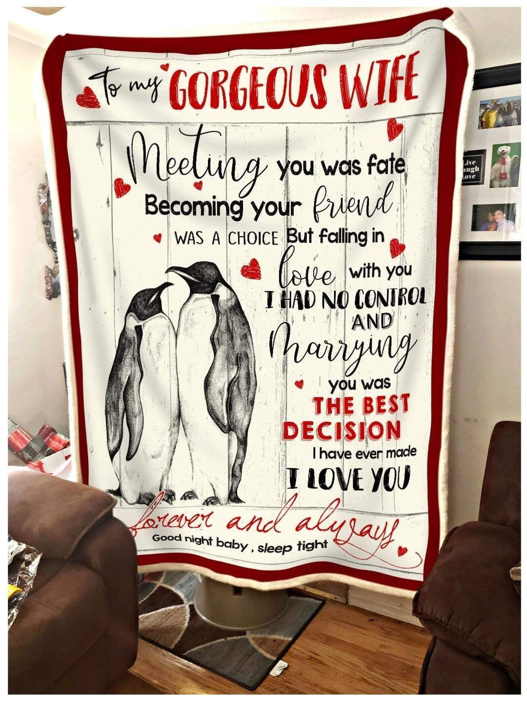 Personalized Couple Penguin To My Wife From Husband Meeting You Was Fate Sherpa Fleece Blanket Great Customized Gifts For Birthday Christmas Thanksgiving Mother’S Day