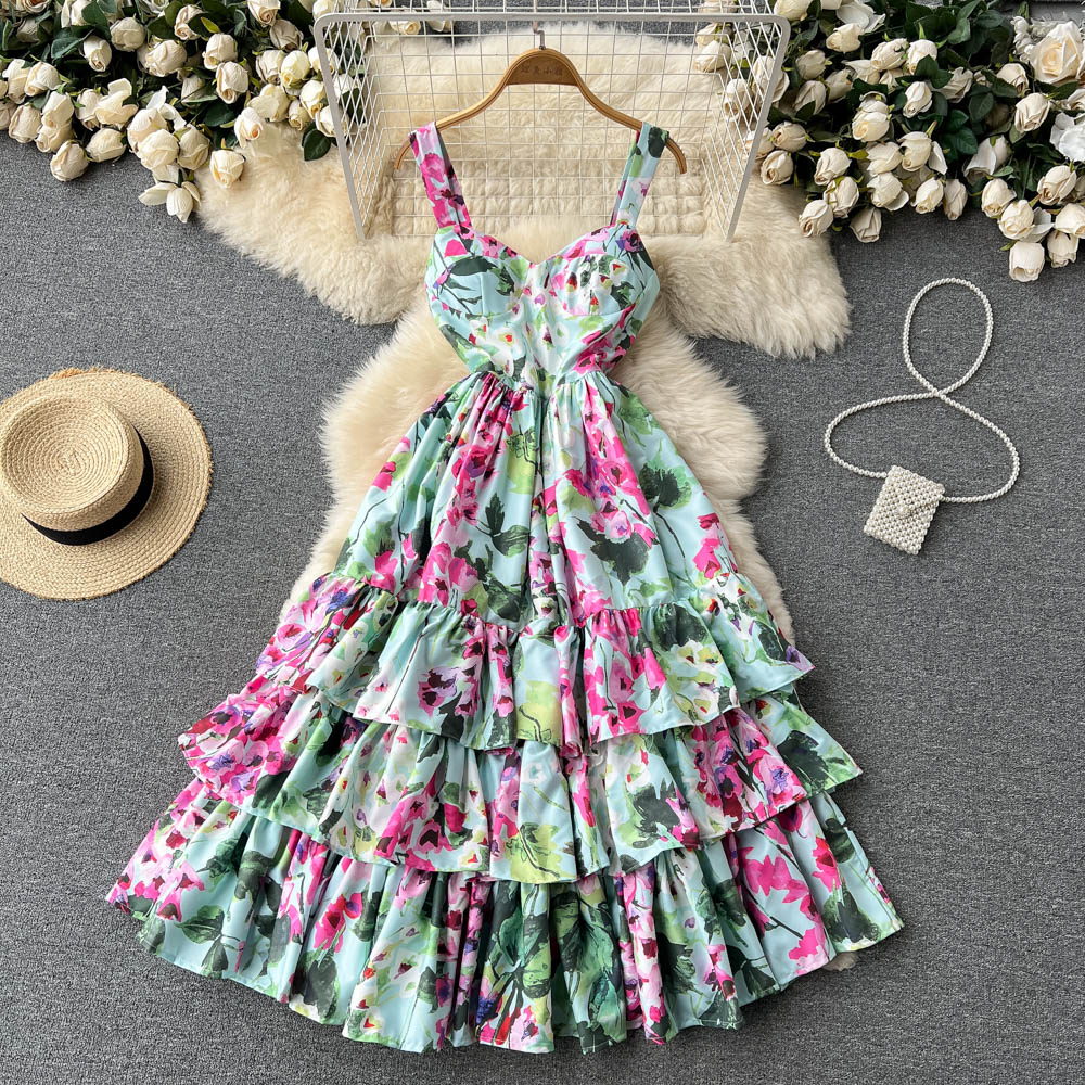 Summer Dress Women New Palace Style High Waist Suspenders Cake Dress Mid-length Print Runway Party Dresses for Women 2022 alx