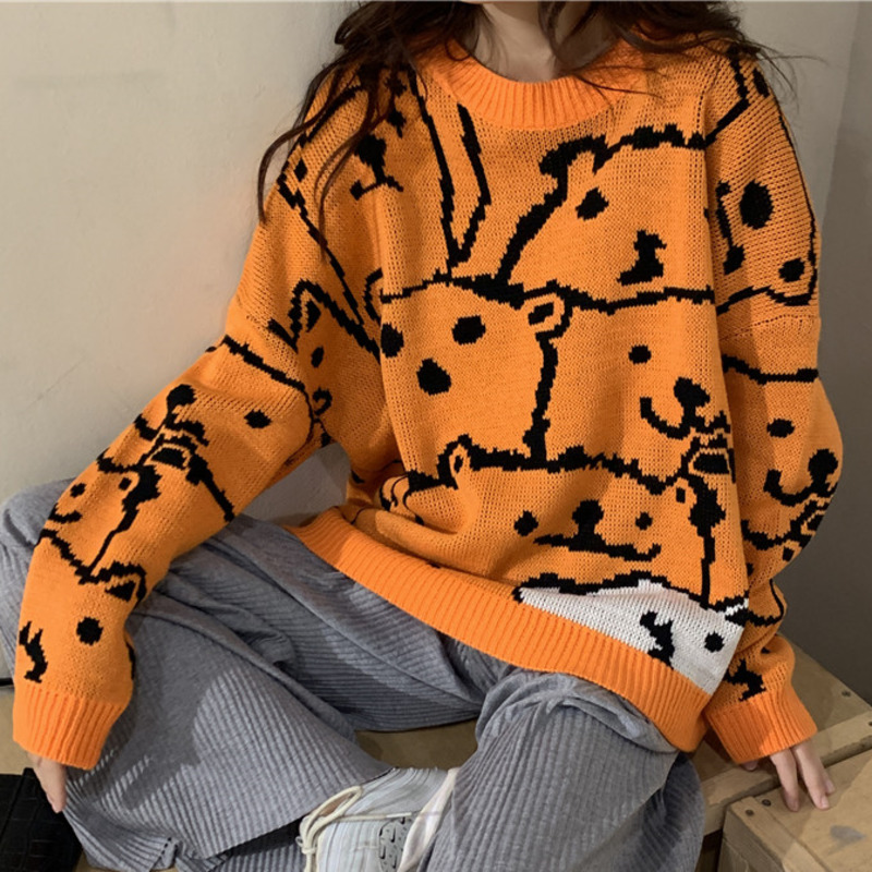 Autumn New Fashion Women Sweater Kawaii Bear Pattern Round Collar Long Sleeve Pullover Knitwear Loose Casual Streetwear Tops alx