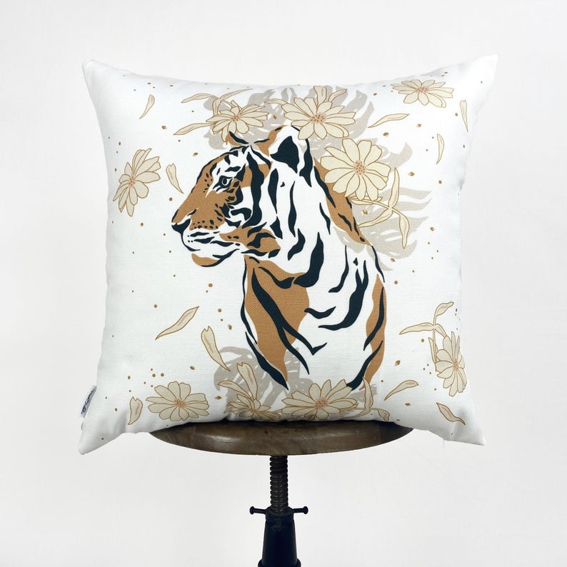 Tiger Print Leaves Throw Pillow, Bedroom Decor, Outdoor Pillows, Living Room Decor, Sofa Bed Throw Pillow, Decorative Pillow, Home Office Throw Pillows