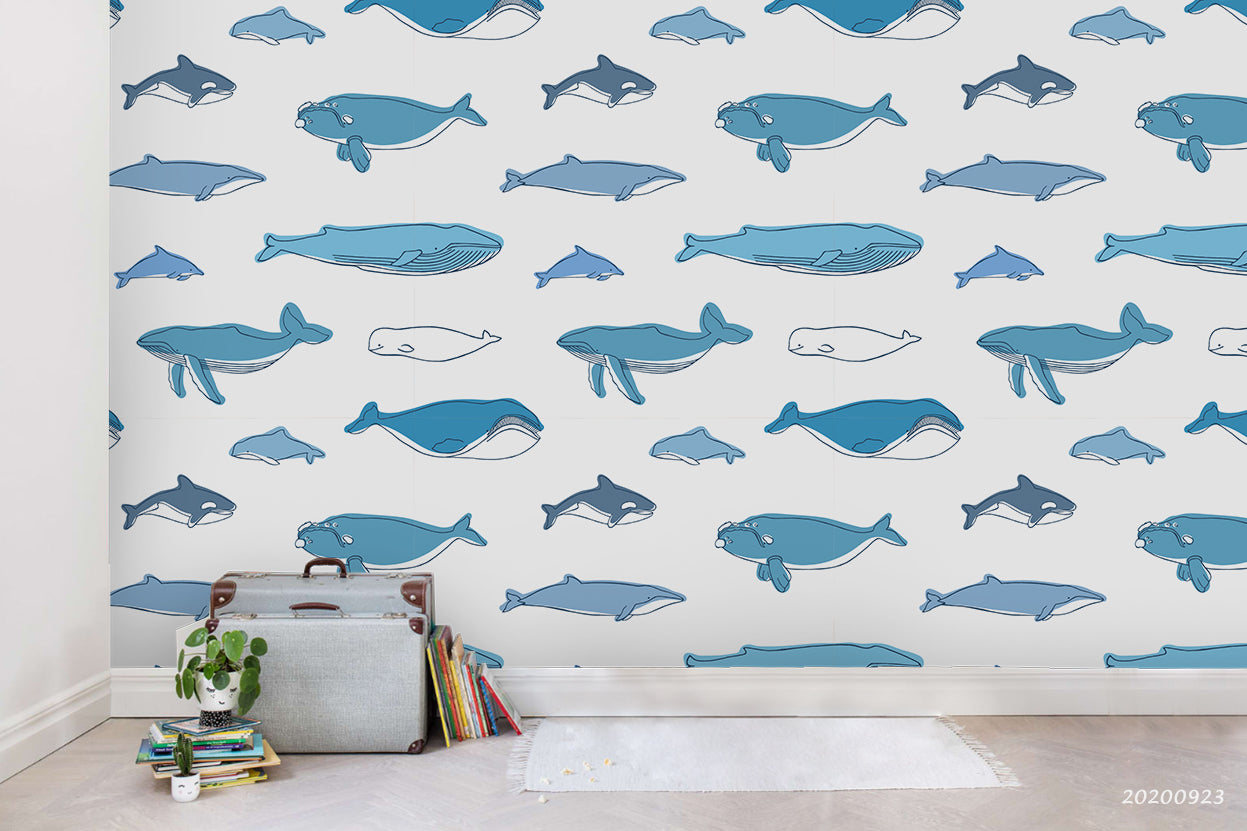 3D Hand Drawn Fish Shark Whale Pattern Wall Mural Wallpaper Wj 3152