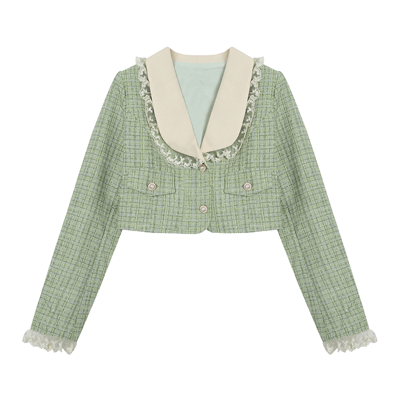 Autumn Winter Sweet Tweed Plaid Skirt Suit Women Cute Bow Lace Woolen Jackets Mini Skirts Green Elegant Set Womens 2 Pieces Chic alx