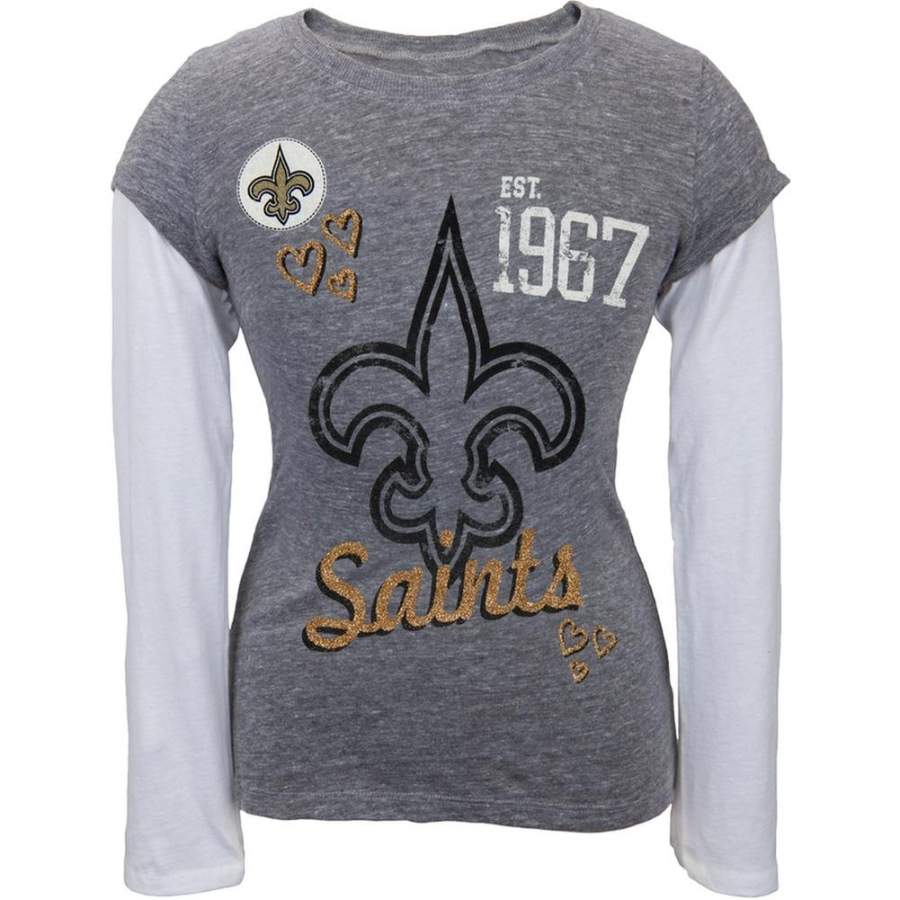 New Orleans Saints – Glitter Hearts Girls Youth 2fer Long Sleeve T-Shirt