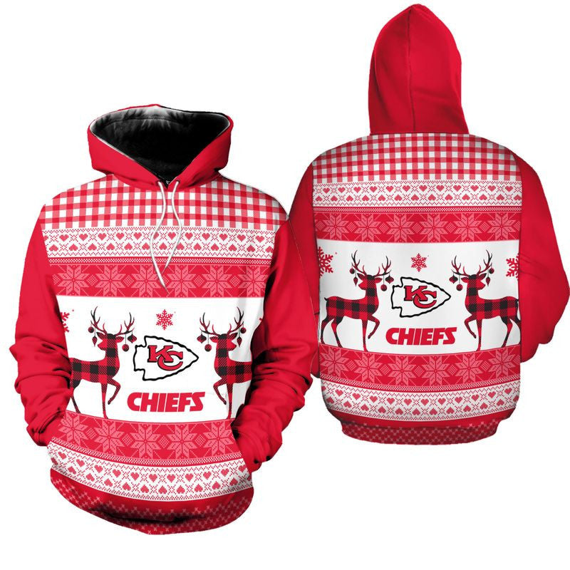 Kansas City Chiefs Christmas With Reindeer Red Super Bowl 3D Pullover Hoodie