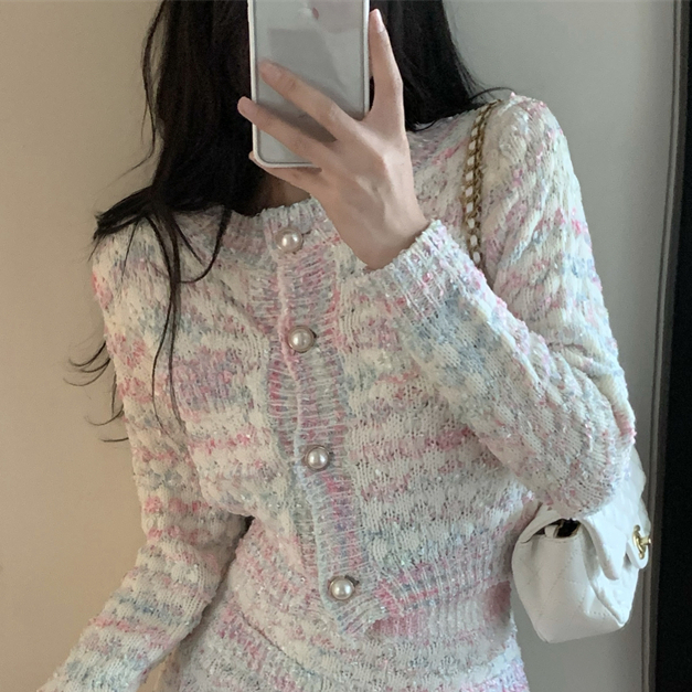 Sweet Girl Suit Color Single Breasted Long Sleeve Sweater Coat+High Waist Knitted Skirt 2-piece Set Korean Style Fashion Clothes alx