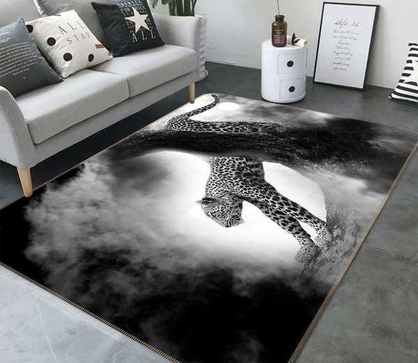 Black Grey Leopard Climbing Down Tree Area Rug Home Decor