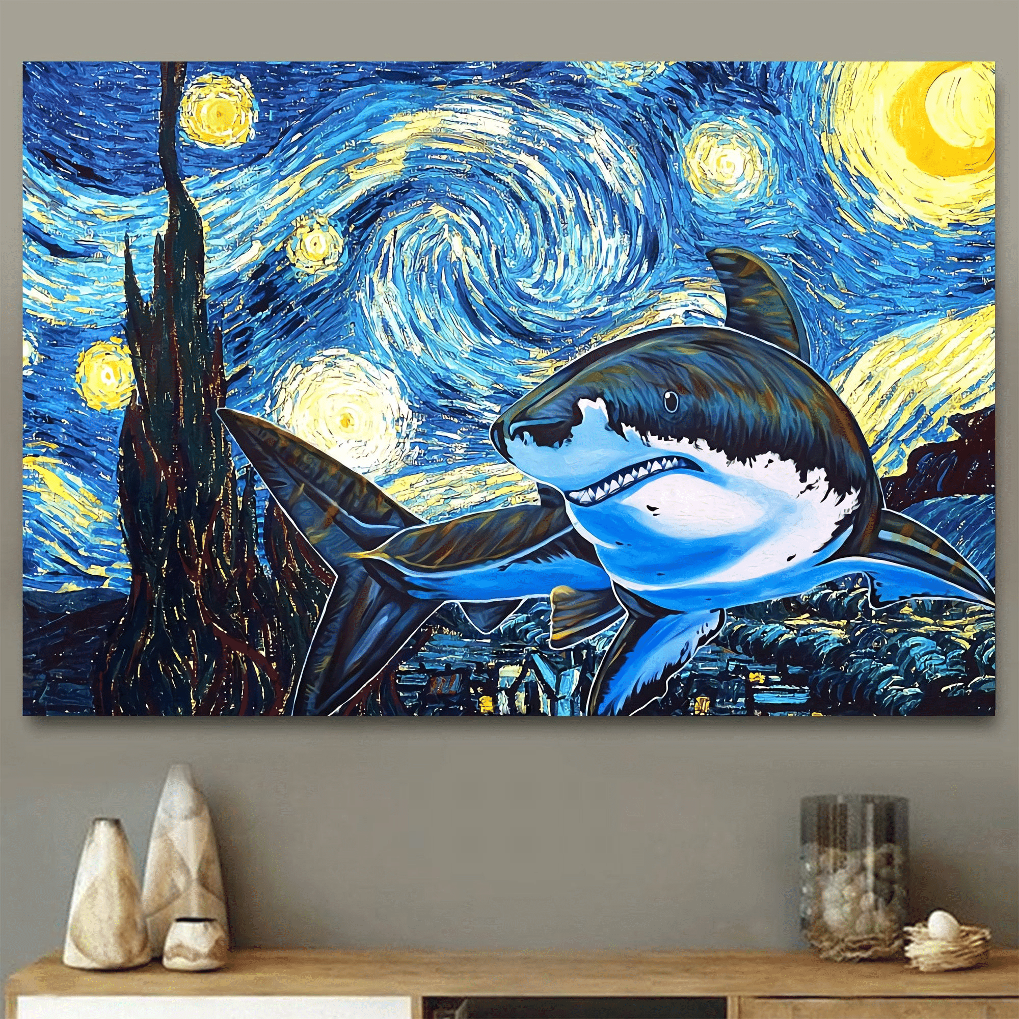 Shark Starry Night Horizontal Poster Av0001254