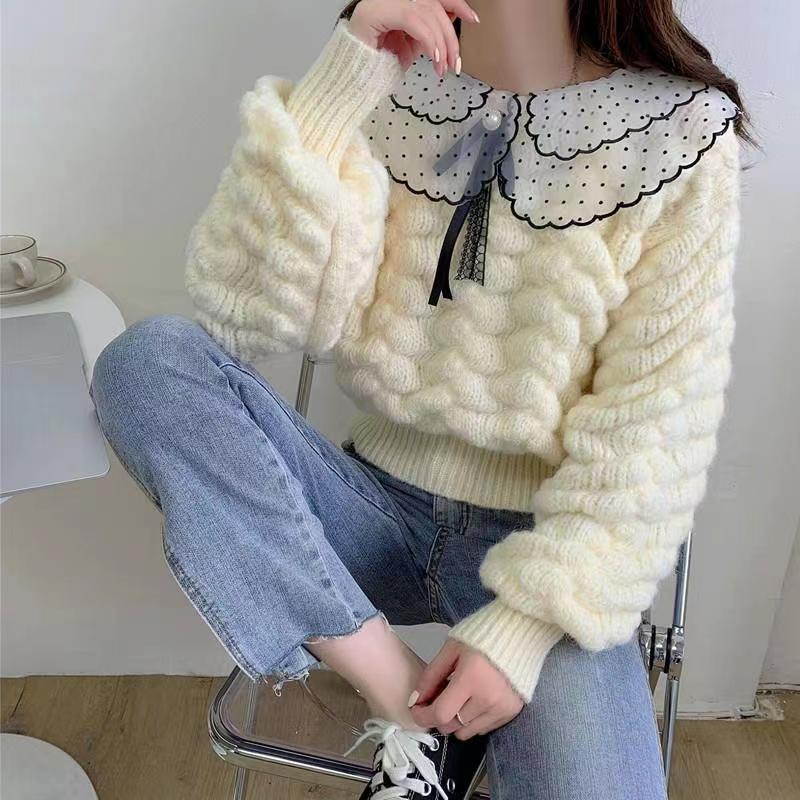 Autumn And Winter New Women’s Splicing Pullover Doll Neck Sweater Women’s Fashion Casual Loose Long Sleeve Knitted Top alx