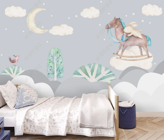 3D Hand Drawn Sky Moon Cloud Trojan Horse Rabbit Bird Mountain Plant Tree Wall Mural Wallpaper Lll 2788