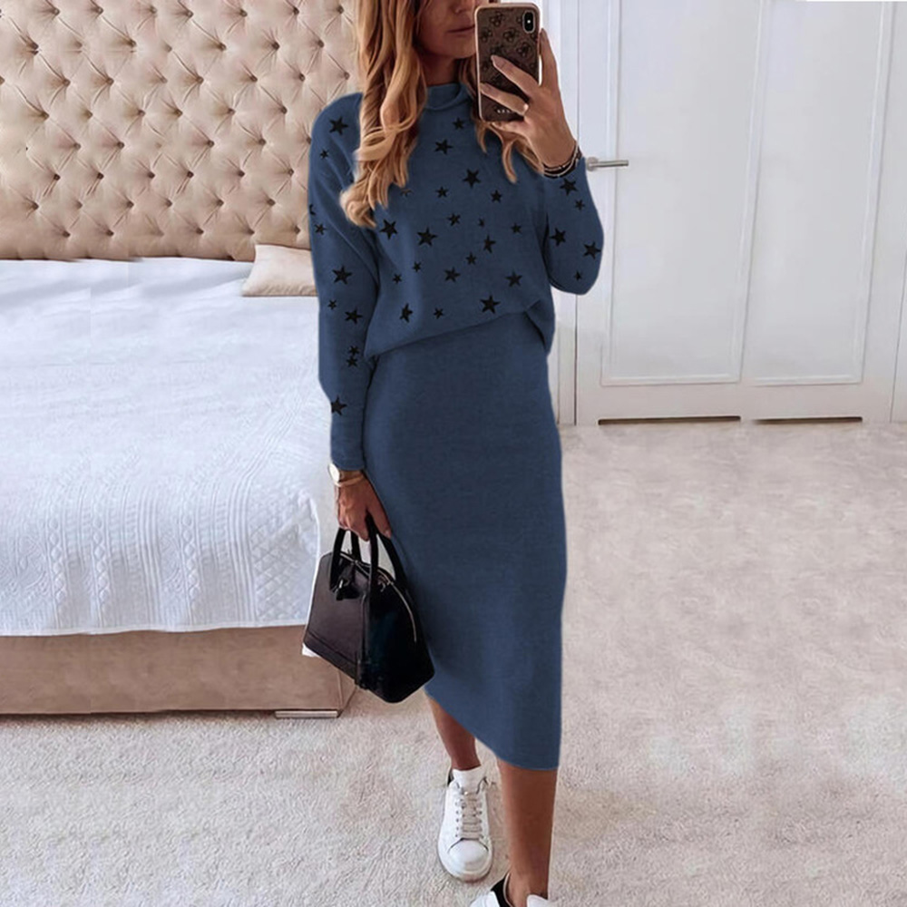 Women Casual 2 Piece Set Autumn Winter Turtleneck Long Sleeve Loose Print Top + Slim Pencil Skirt 2022 Fashion Office Lady Suits alx