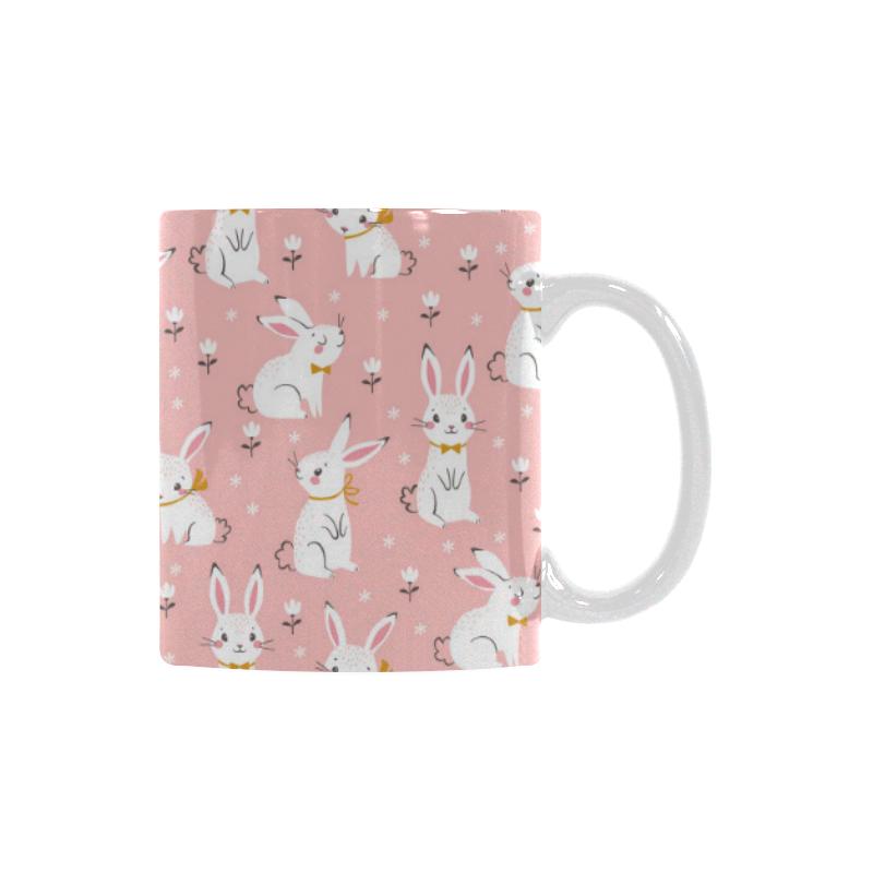 Cute white rabbit flower pink background Classical White Mug (Fulfilled In US)