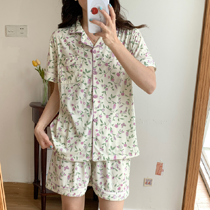 Summer Home Suit Lapel Nightwear Korean Casual Women Short Sleeve Cardigan PajamasSet Print Thin Sleepwear Shorts Pyjamas 2piece alx