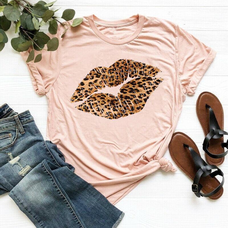 Women Leopard Lips Crewneck Tee Short Sleeve T-Shirts