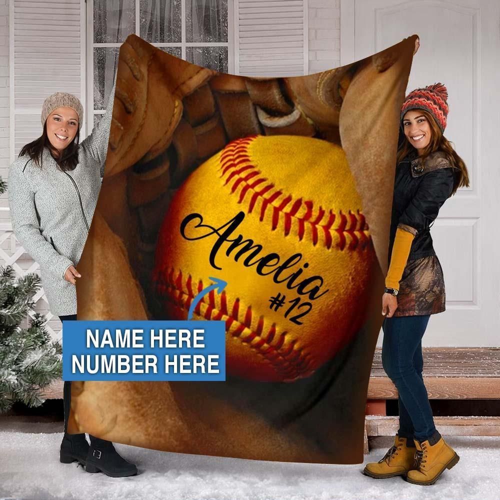 Amelia Softball Glove Custom Text Name And Number Fleece Blanket